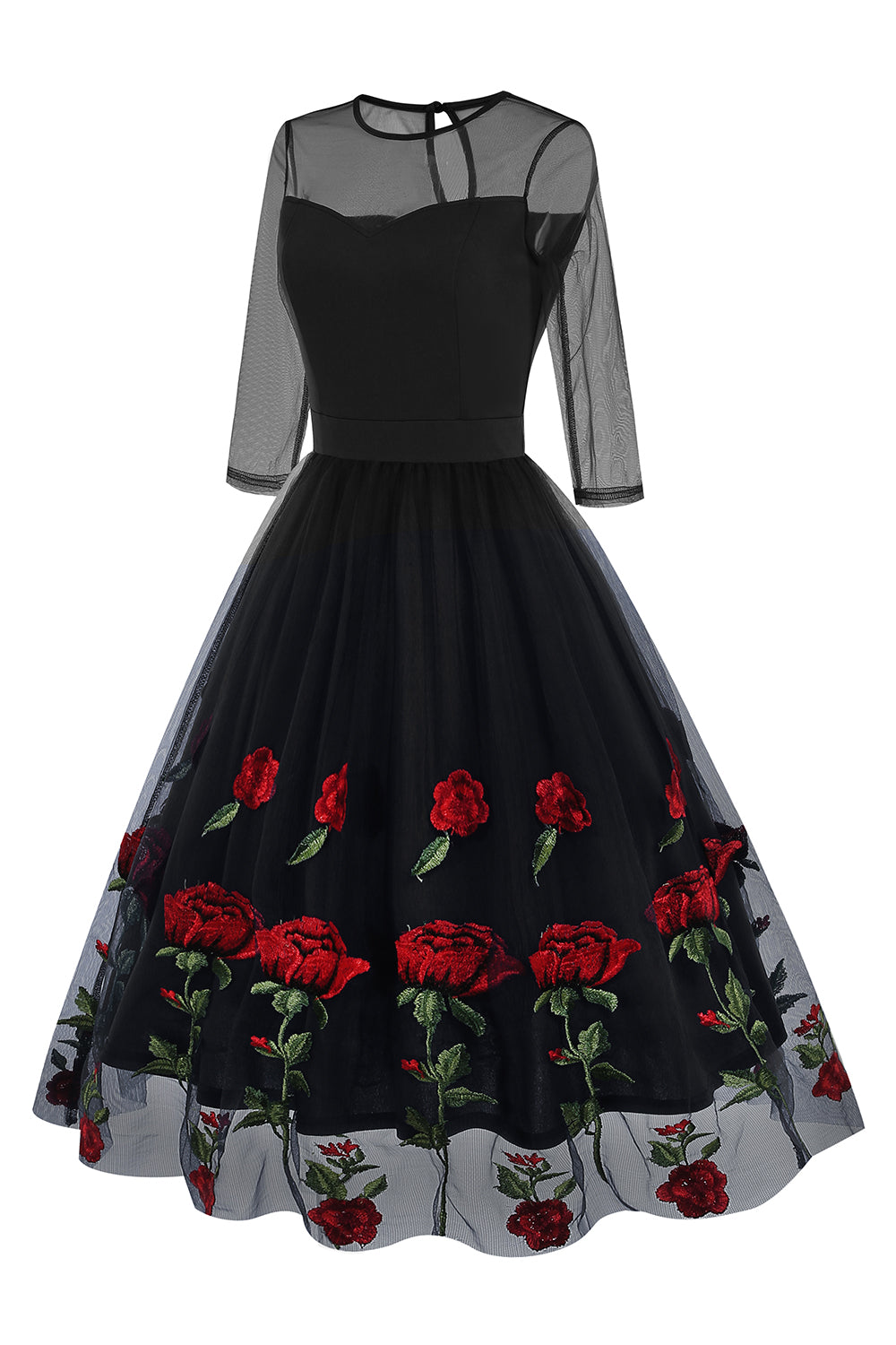 Schwarzes A-Linie Kleid mit Blumenmuster aus den 1950er Jahren mit halben Ärmeln