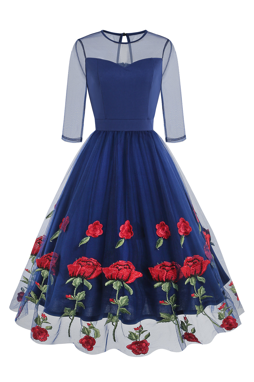 Schwarzes A-Linie Kleid mit Blumenmuster aus den 1950er Jahren mit halben Ärmeln