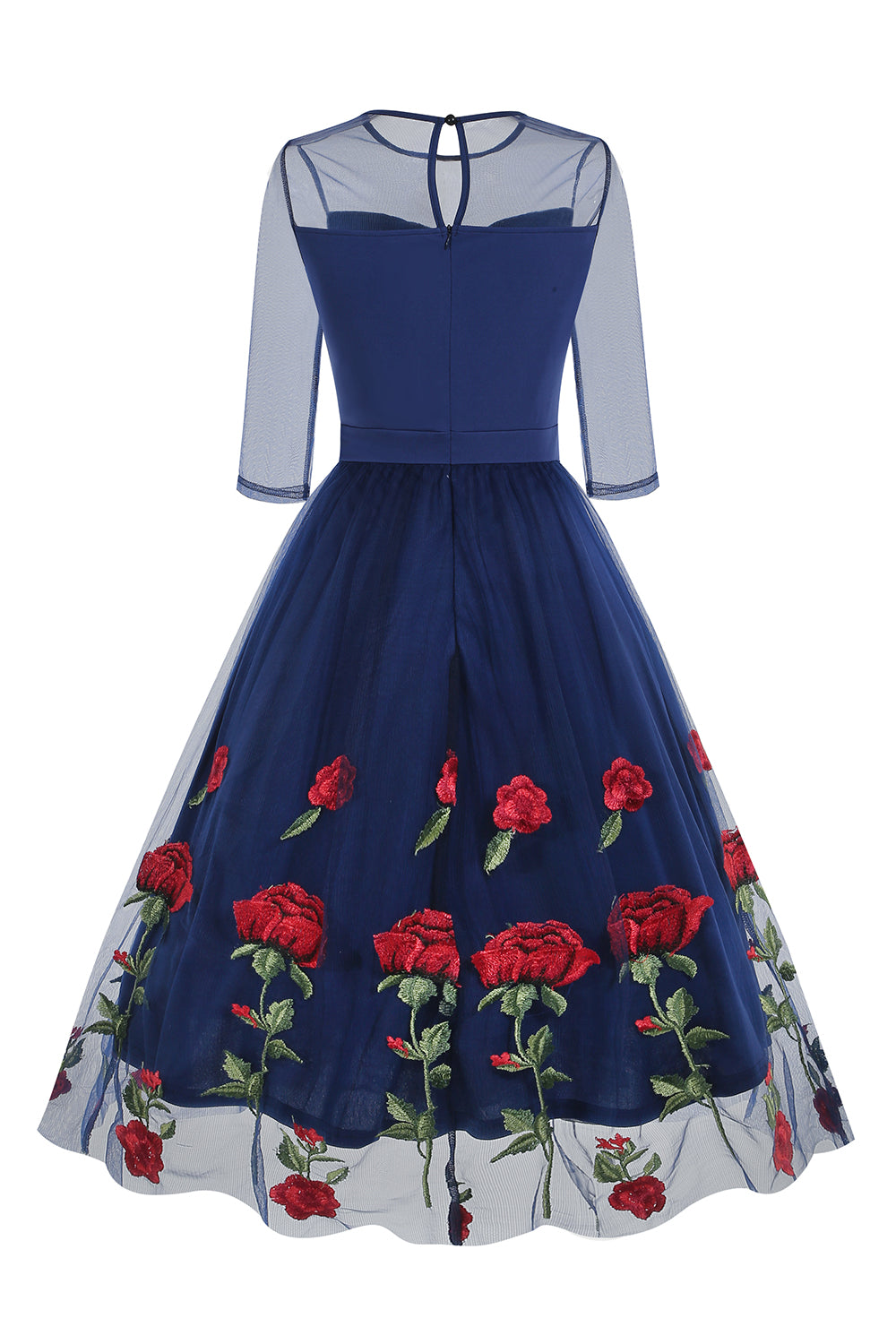Schwarzes A-Linie Kleid mit Blumenmuster aus den 1950er Jahren mit halben Ärmeln