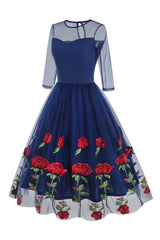 Schwarzes A-Linie Kleid mit Blumenmuster aus den 1950er Jahren mit halben Ärmeln