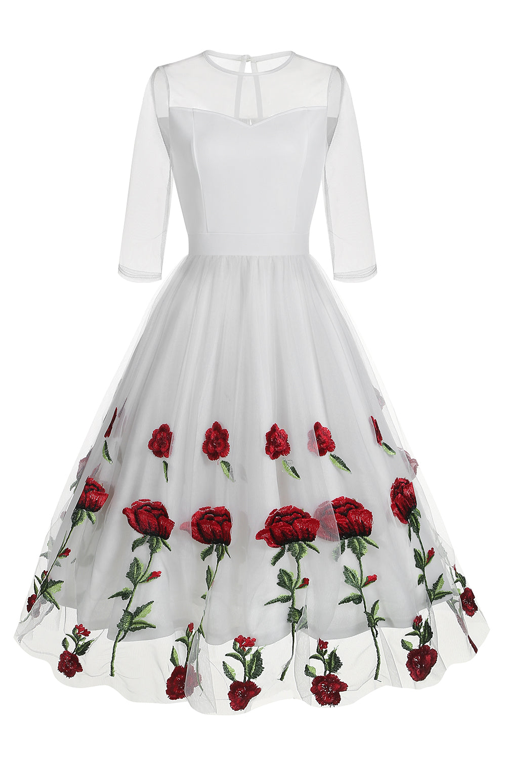 Schwarzes A-Linie Kleid mit Blumenmuster aus den 1950er Jahren mit halben Ärmeln
