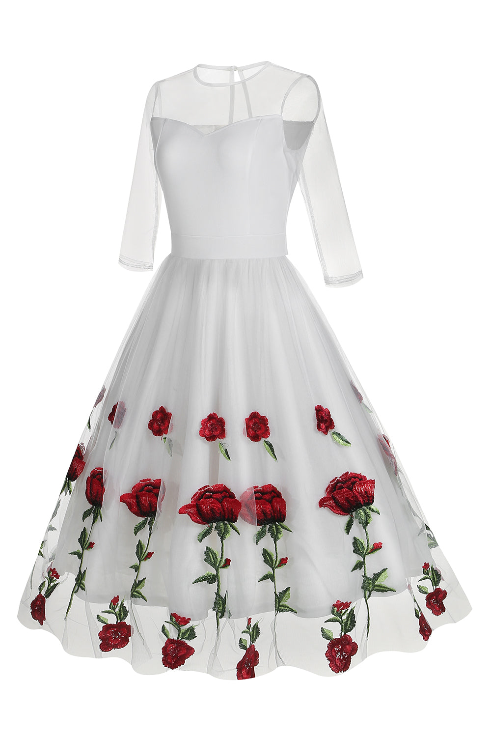 Schwarzes A-Linie Kleid mit Blumenmuster aus den 1950er Jahren mit halben Ärmeln