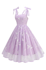 Blumen Lila A-Linie Spaghettiträger Kleid aus den 1950er Jahren