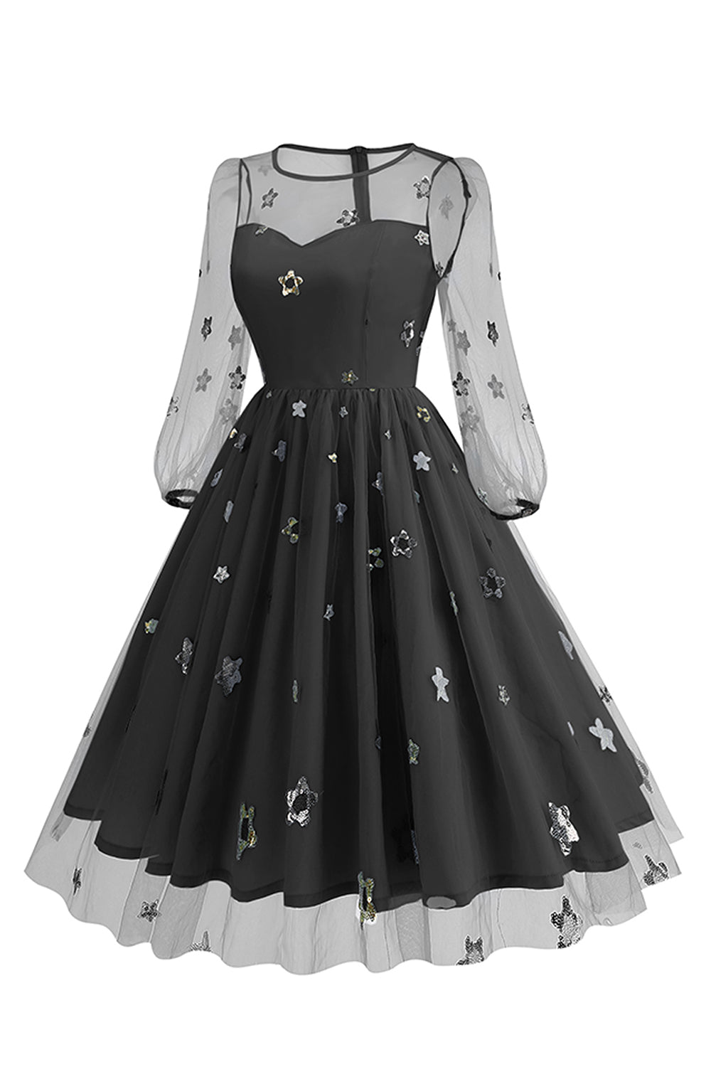 Geblümtes blaues A-Linie Kleid aus den 1950er Jahren mit langen Ärmeln