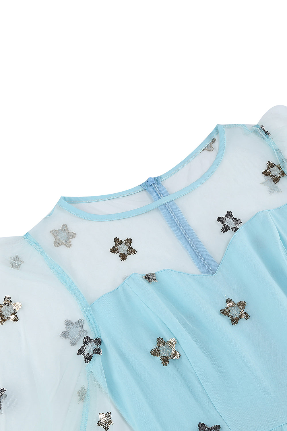 Geblümtes blaues A-Linie Kleid aus den 1950er Jahren mit langen Ärmeln