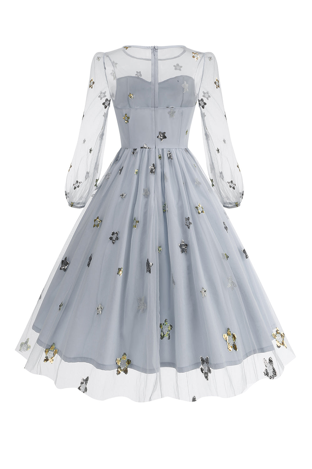 Geblümtes blaues A-Linie Kleid aus den 1950er Jahren mit langen Ärmeln