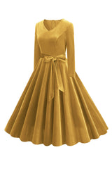 Gelbes V-Ausschnitt Kleid mit langen Ärmeln