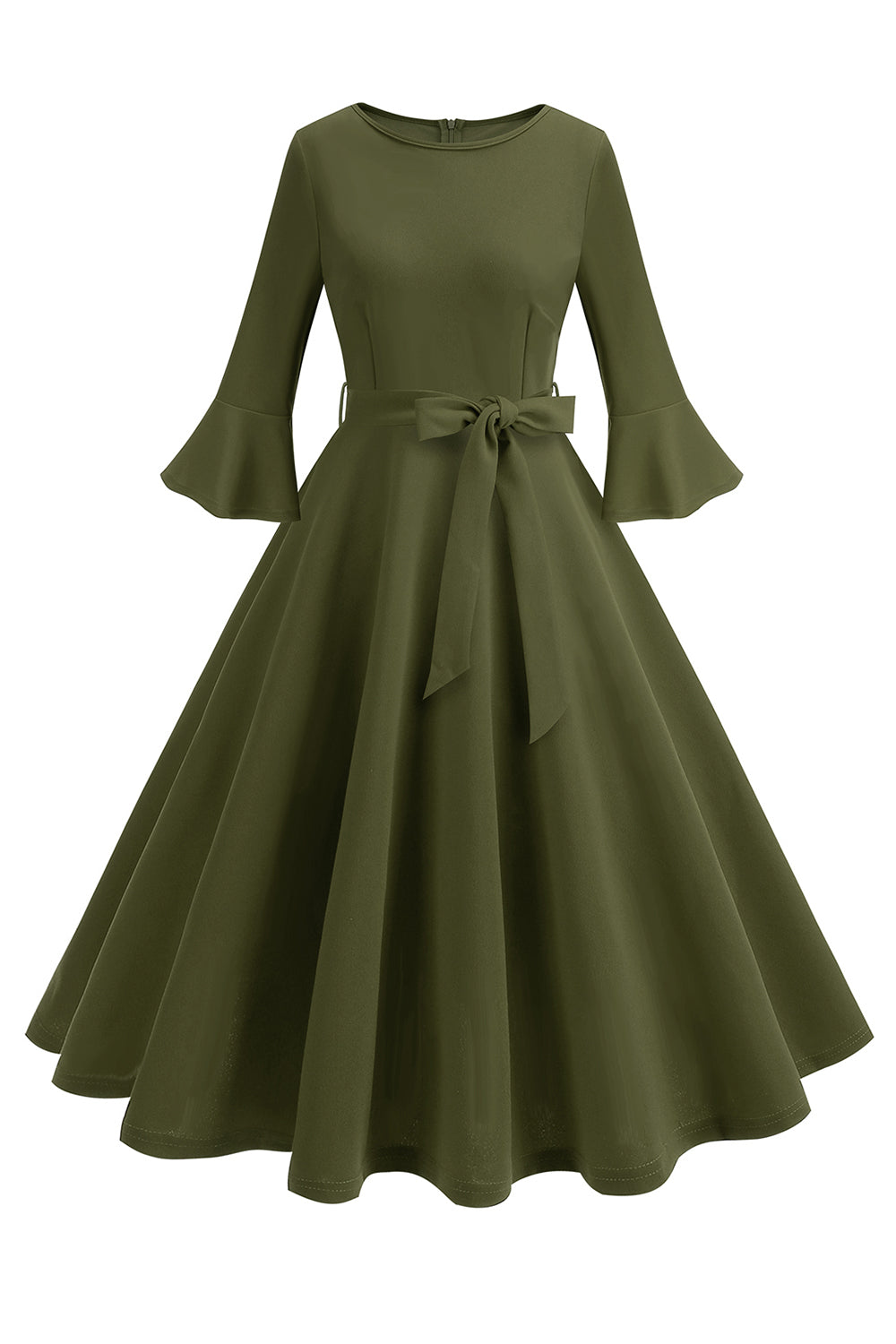 Dunkelgrünes langärmeliges Rundhalsausschnitt Vintage Kleid aus den 1950er Jahren Kleid
