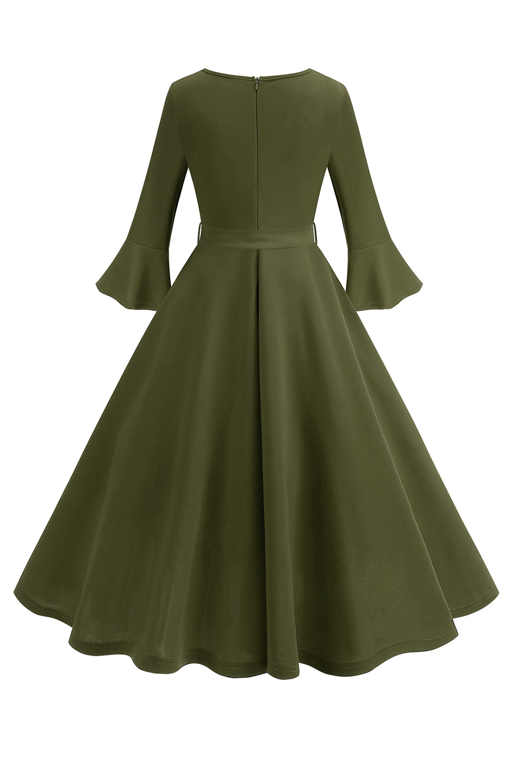 Dunkelgrünes langärmeliges Rundhalsausschnitt Vintage Kleid aus den 1950er Jahren Kleid