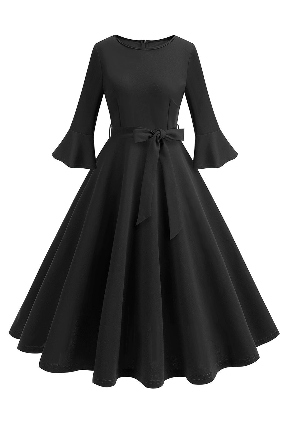 Dunkelgrünes langärmeliges Rundhalsausschnitt Vintage Kleid aus den 1950er Jahren Kleid