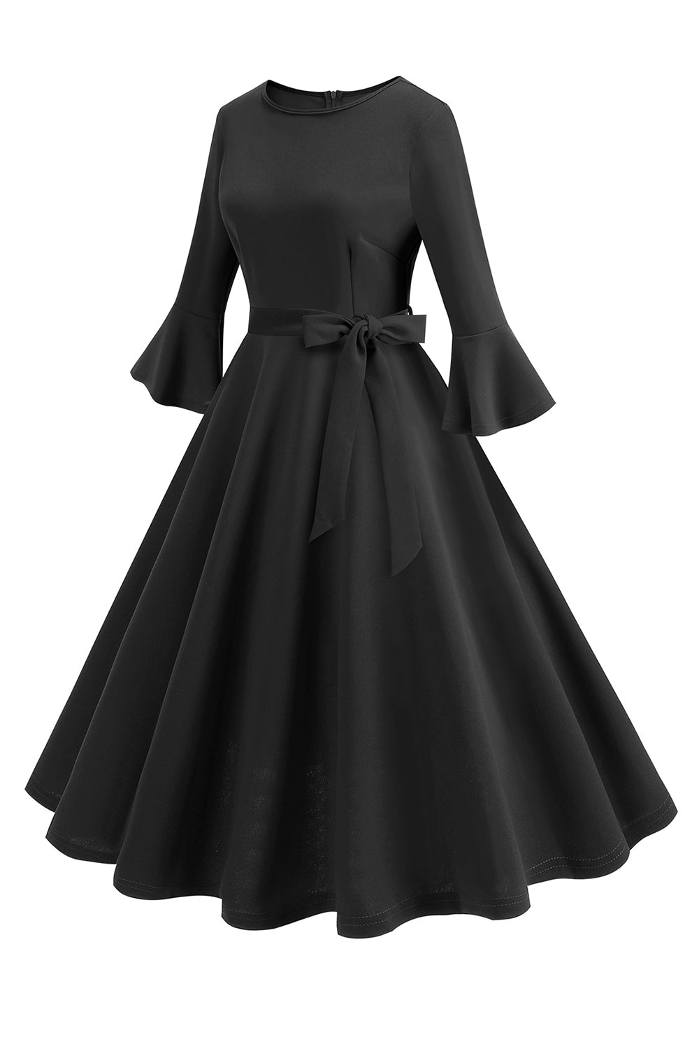 Dunkelgrünes langärmeliges Rundhalsausschnitt Vintage Kleid aus den 1950er Jahren Kleid