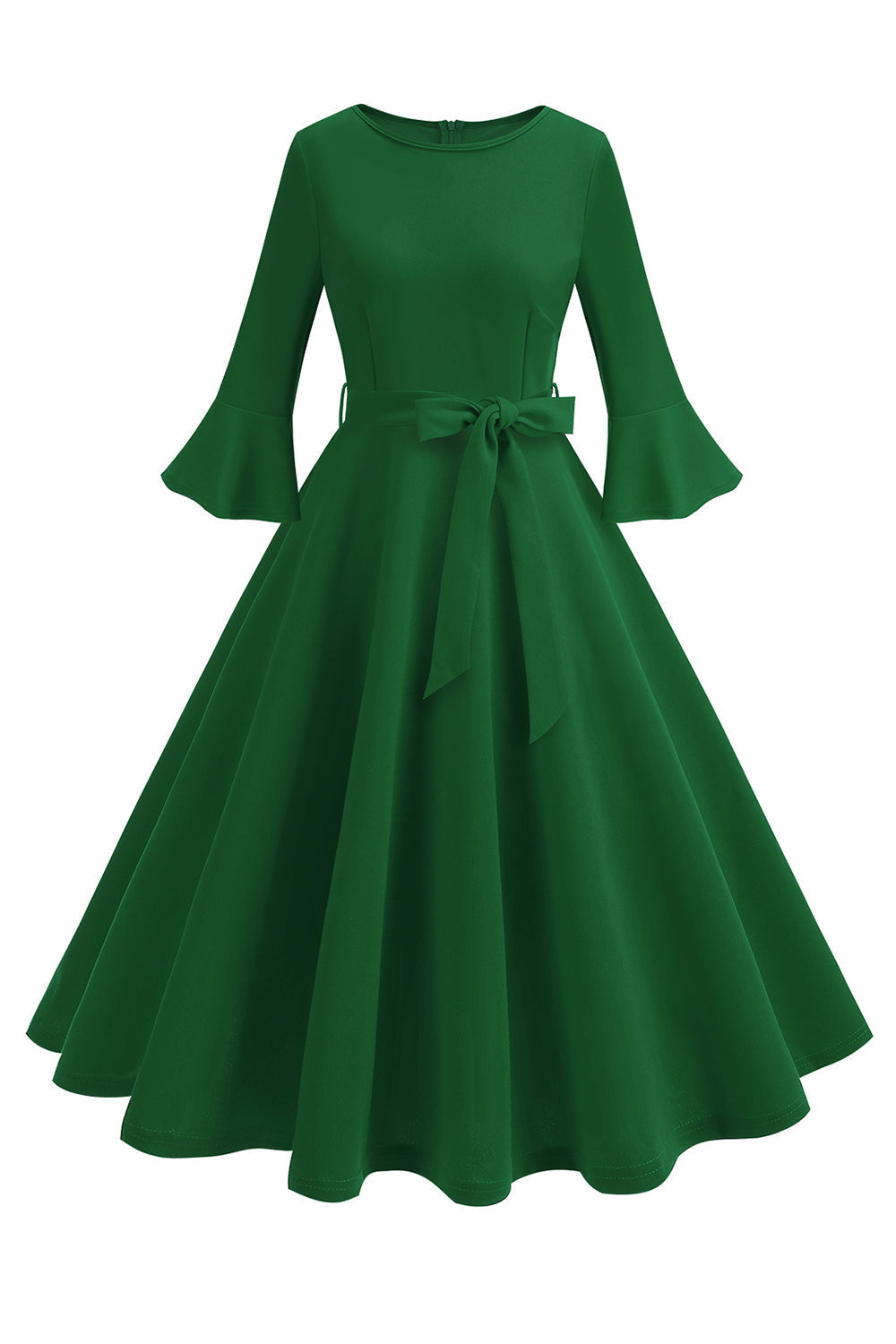 Dunkelgrünes langärmeliges Rundhalsausschnitt Vintage Kleid aus den 1950er Jahren Kleid