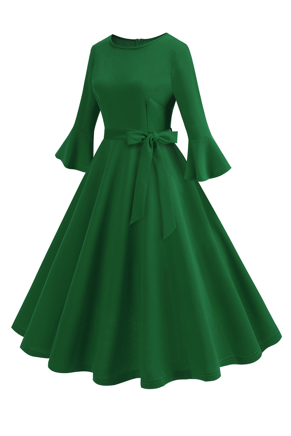 Dunkelgrünes langärmeliges Rundhalsausschnitt Vintage Kleid aus den 1950er Jahren Kleid