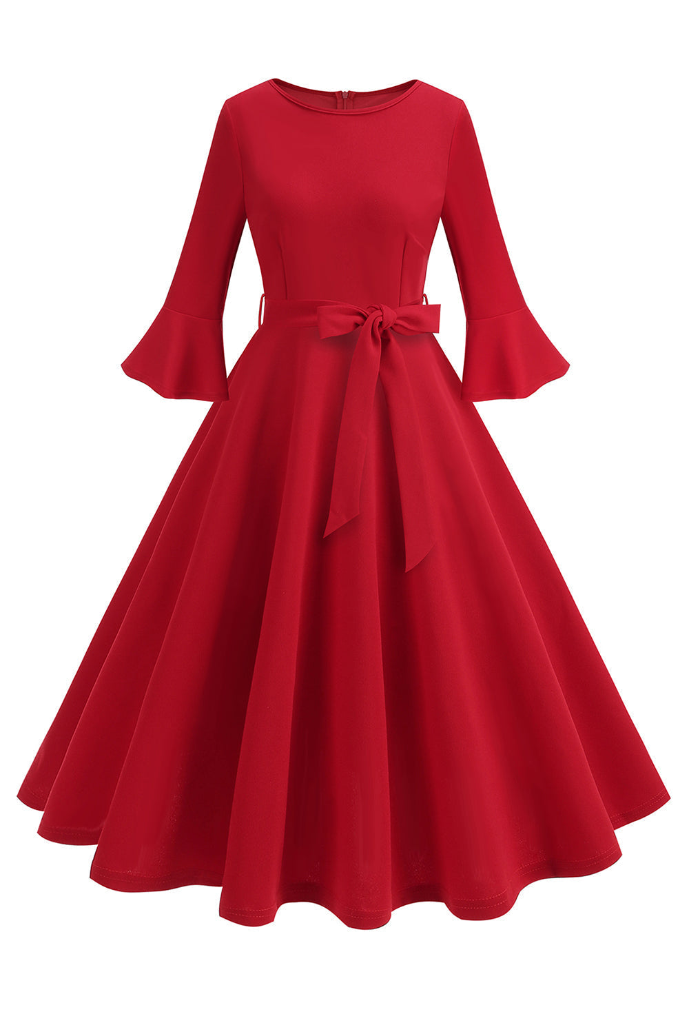 Dunkelgrünes langärmeliges Rundhalsausschnitt Vintage Kleid aus den 1950er Jahren Kleid