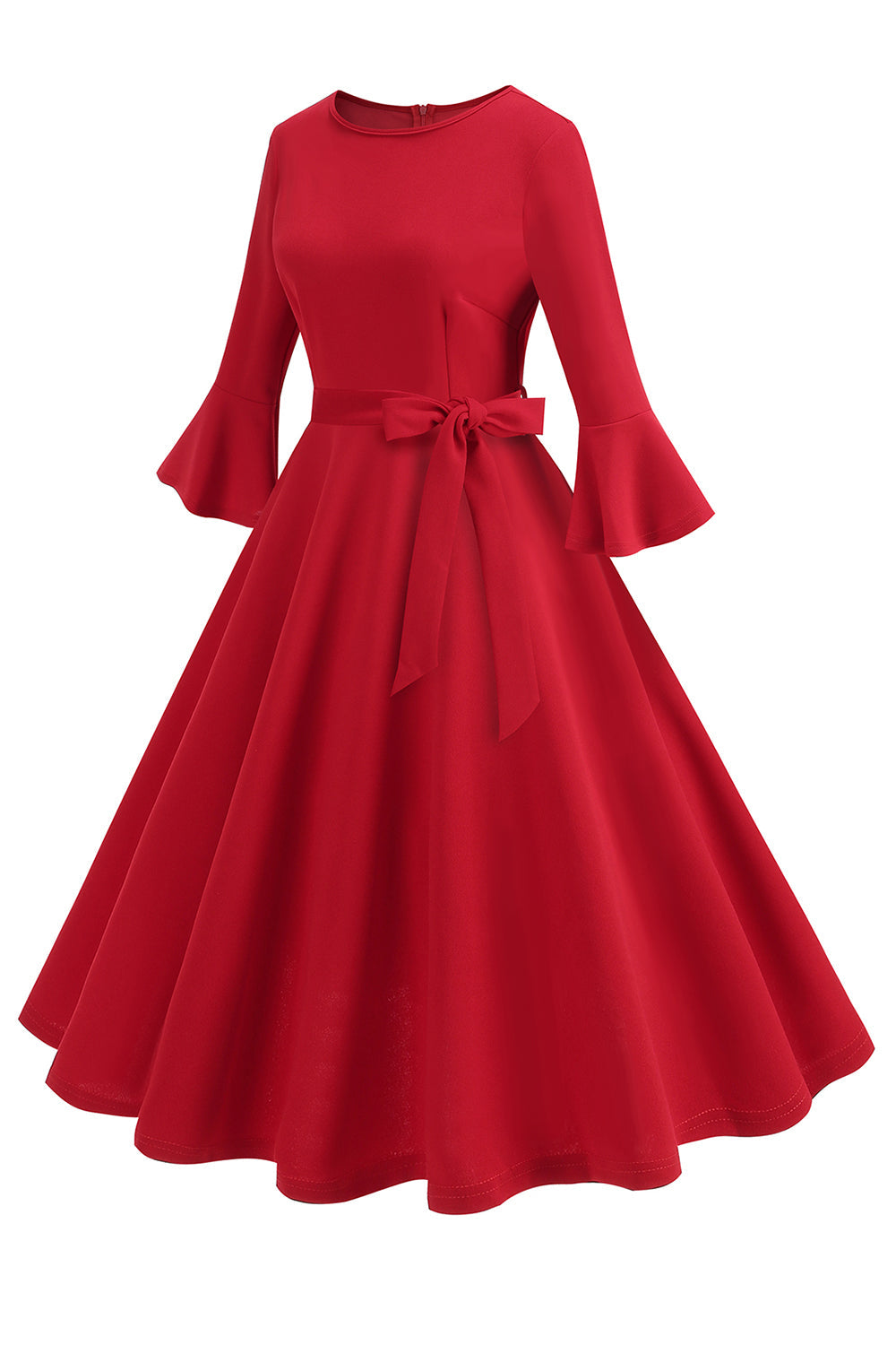 Dunkelgrünes langärmeliges Rundhalsausschnitt Vintage Kleid aus den 1950er Jahren Kleid