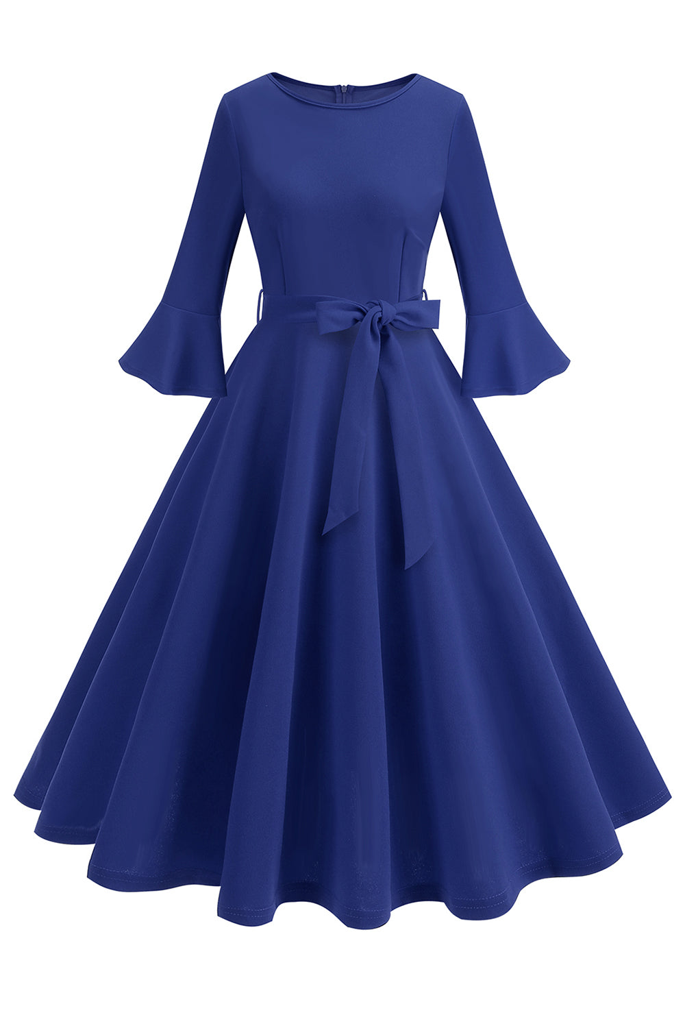 Dunkelgrünes langärmeliges Rundhalsausschnitt Vintage Kleid aus den 1950er Jahren Kleid