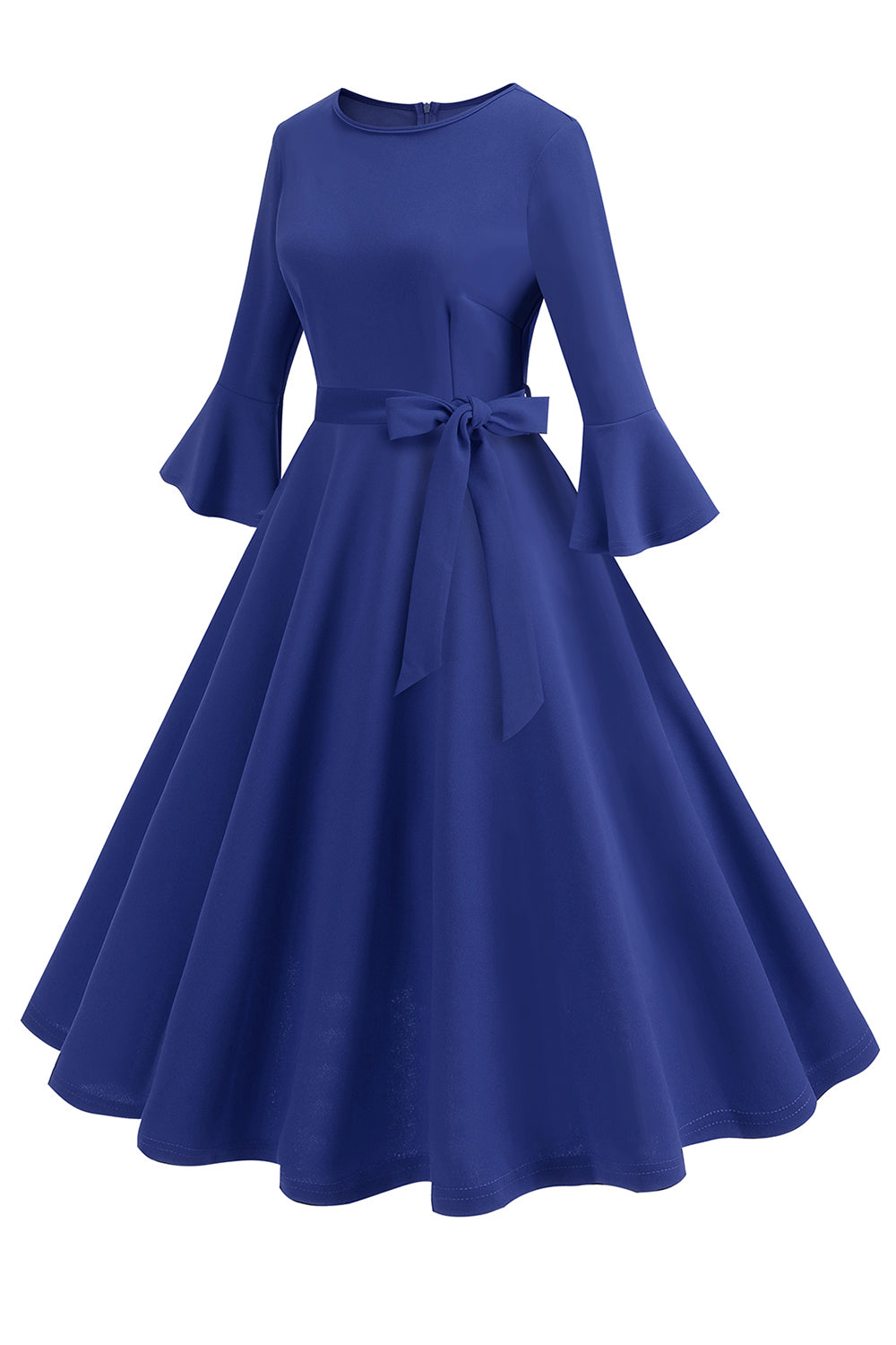 Dunkelgrünes langärmeliges Rundhalsausschnitt Vintage Kleid aus den 1950er Jahren Kleid