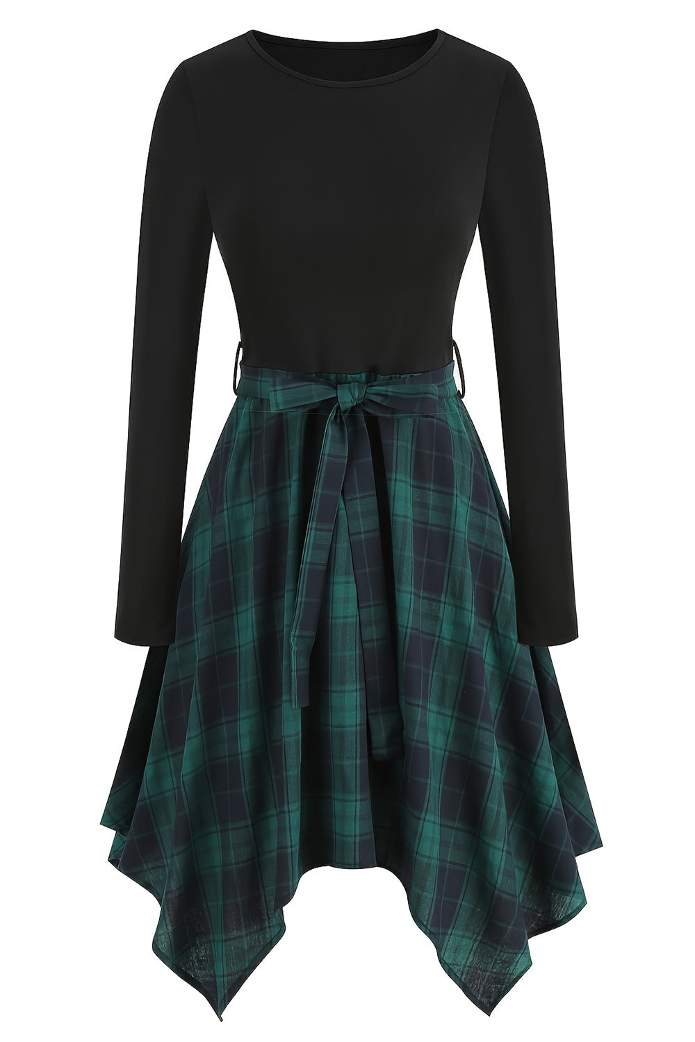 Schwarzes Vintage Kleid mit Rundhalsausschnitt und kariertem Spleißen mit langen Ärmeln und unregelmäßigem Saum