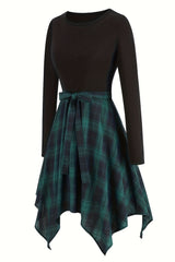 Schwarzes Vintage Kleid mit Rundhalsausschnitt und kariertem Spleißen mit langen Ärmeln und unregelmäßigem Saum
