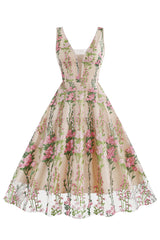 Schwarzes ärmelloses elegantes Vintage Kleid mit floraler Spitzenstickerei