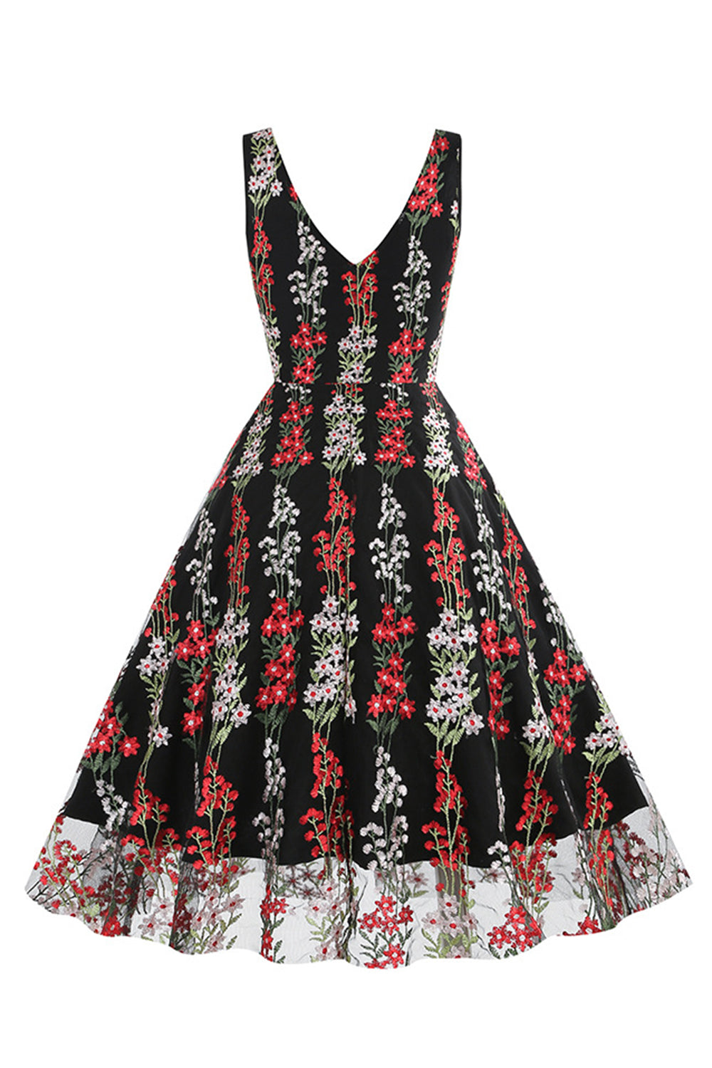 Schwarzes ärmelloses elegantes Vintage Kleid mit floraler Spitzenstickerei