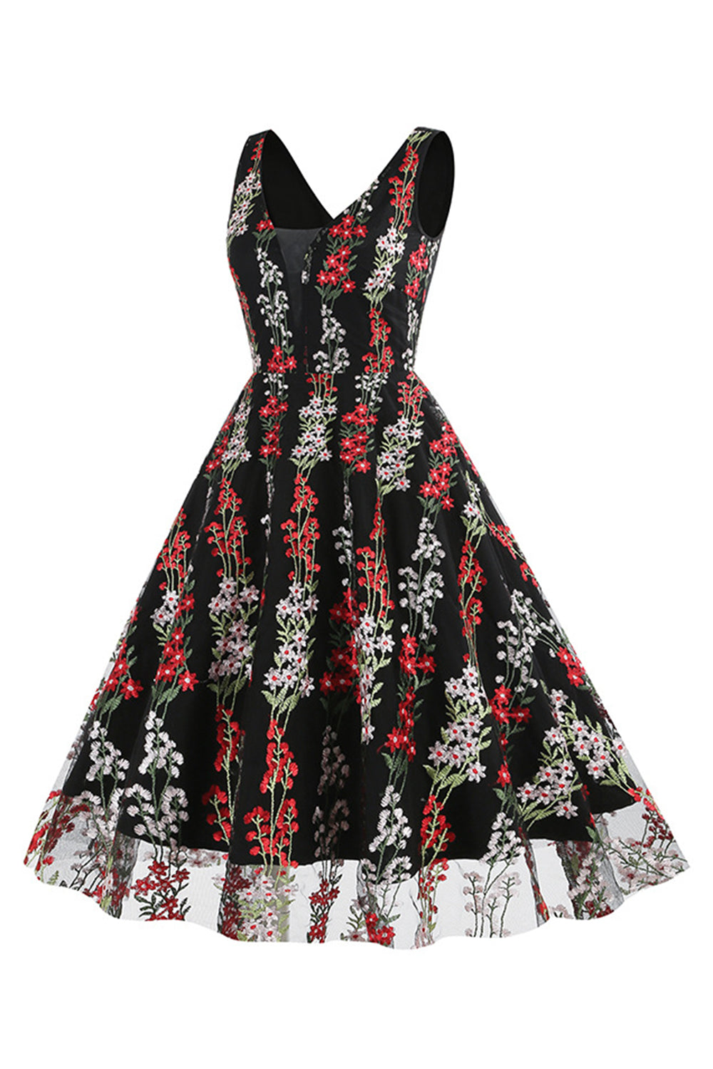 Schwarzes ärmelloses elegantes Vintage Kleid mit floraler Spitzenstickerei