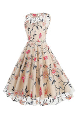Aprikose Elegantes geblümtes besticktes ärmelloses Midi Vintage Kleid