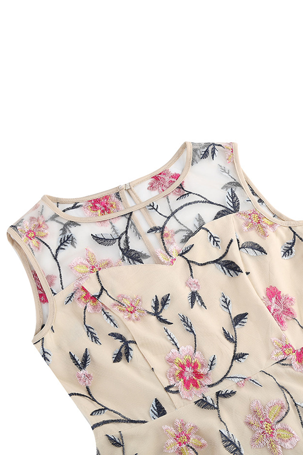 Aprikose Elegantes geblümtes besticktes ärmelloses Midi Vintage Kleid