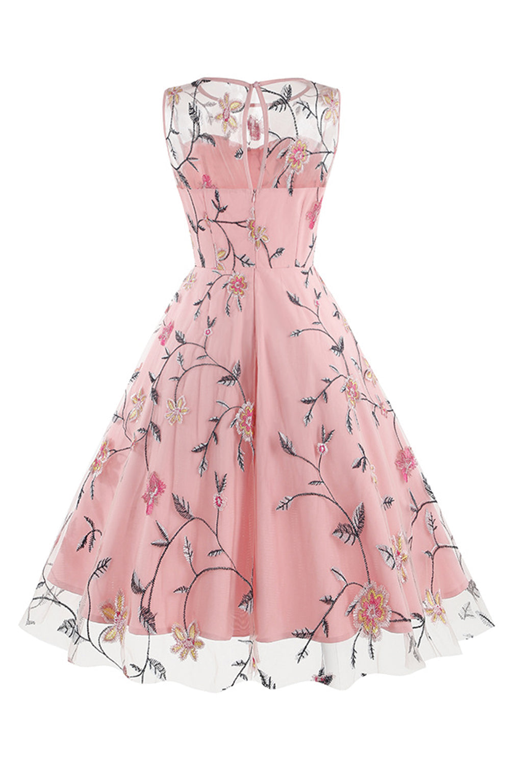 Aprikose Elegantes geblümtes besticktes ärmelloses Midi Vintage Kleid