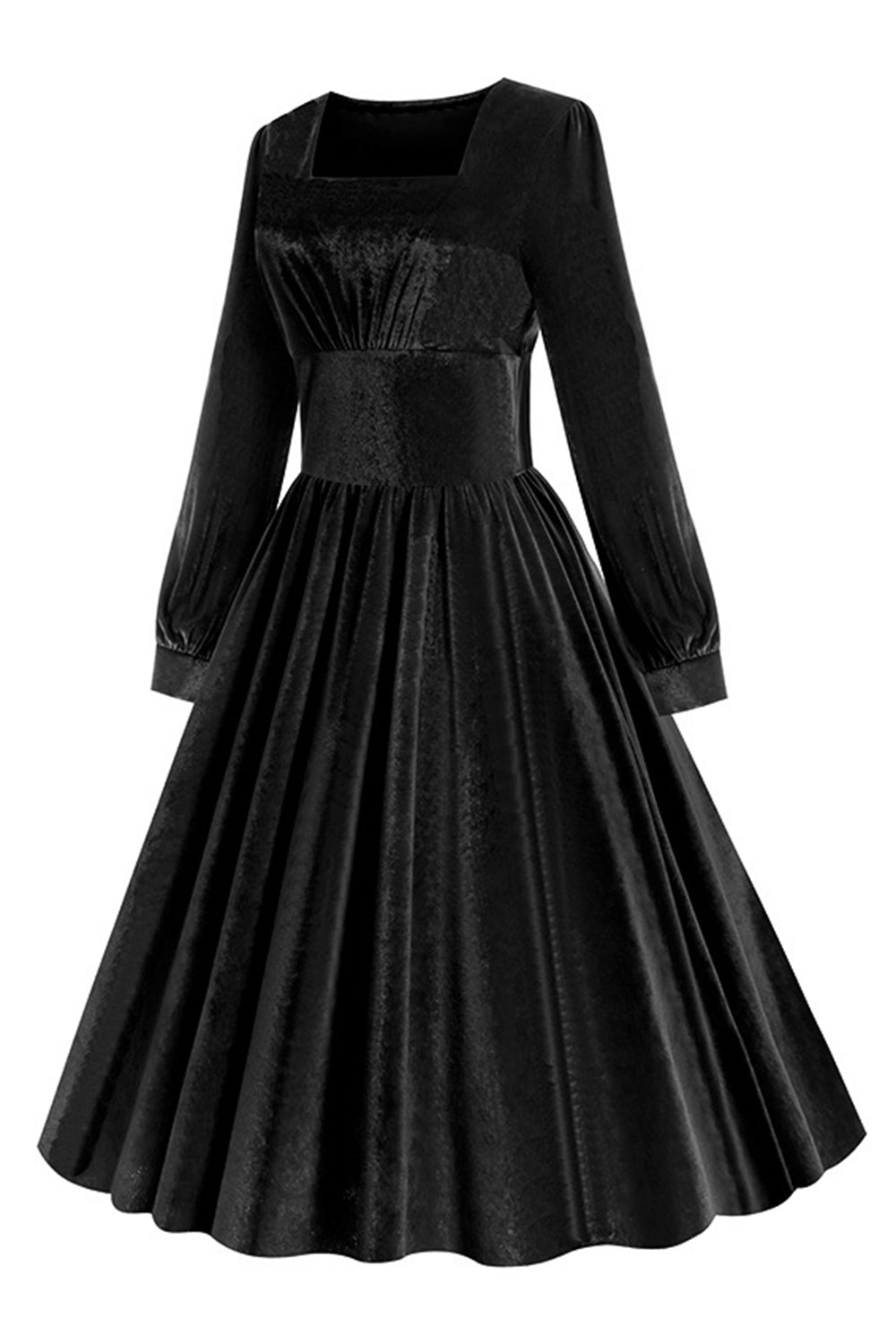 Schwarzes A Linie Langärmeliges plissiertes Vintage Kleid aus den 1950er Jahren