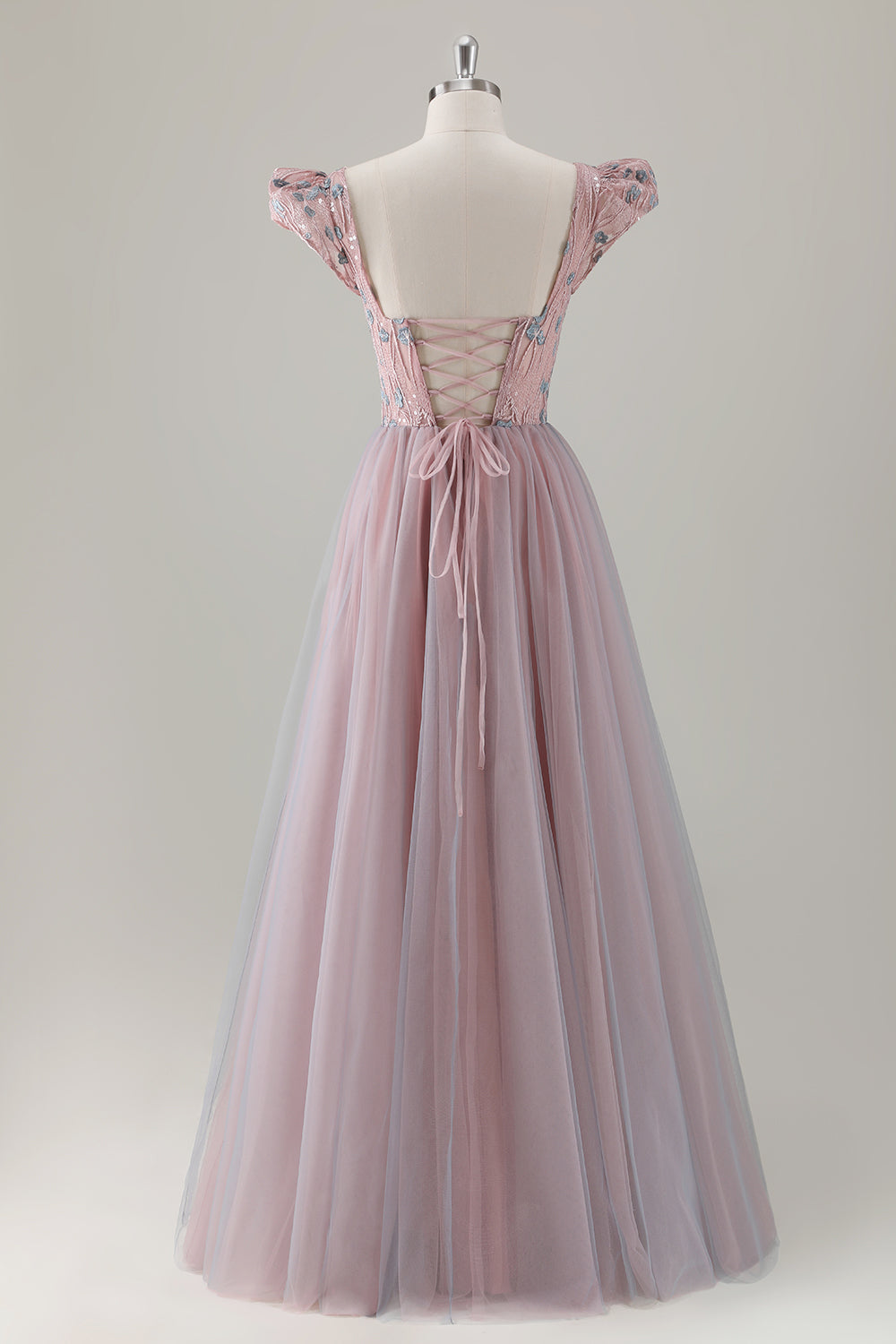 Graurosa geblümtes A-Linie Langes Ballkleid mit kurzen Ärmeln