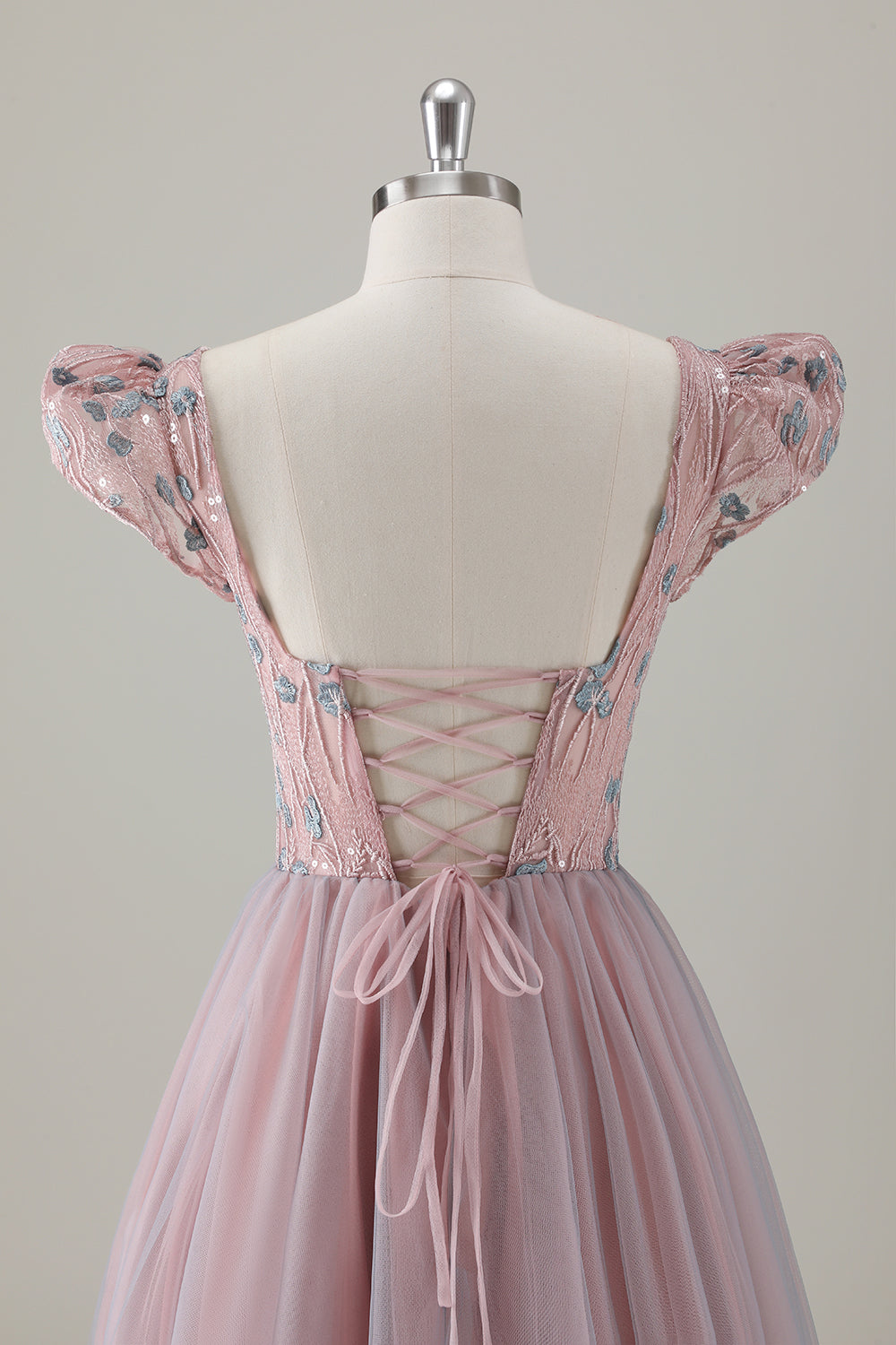 Graurosa geblümtes A-Linie Langes Ballkleid mit kurzen Ärmeln
