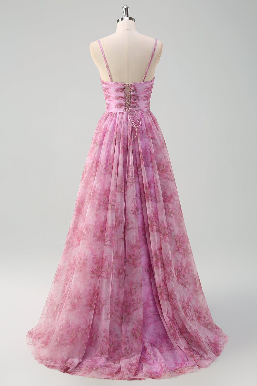 Rosa Lila A-Linie Blumen Spaghettiträger Langes Ballkleid mit Schlitz