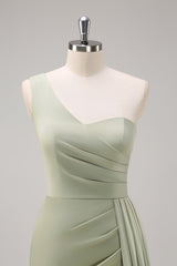 Salbei Eine Schulter Satin Meerjungfrau Brautjungfernkleid mit Schlitz