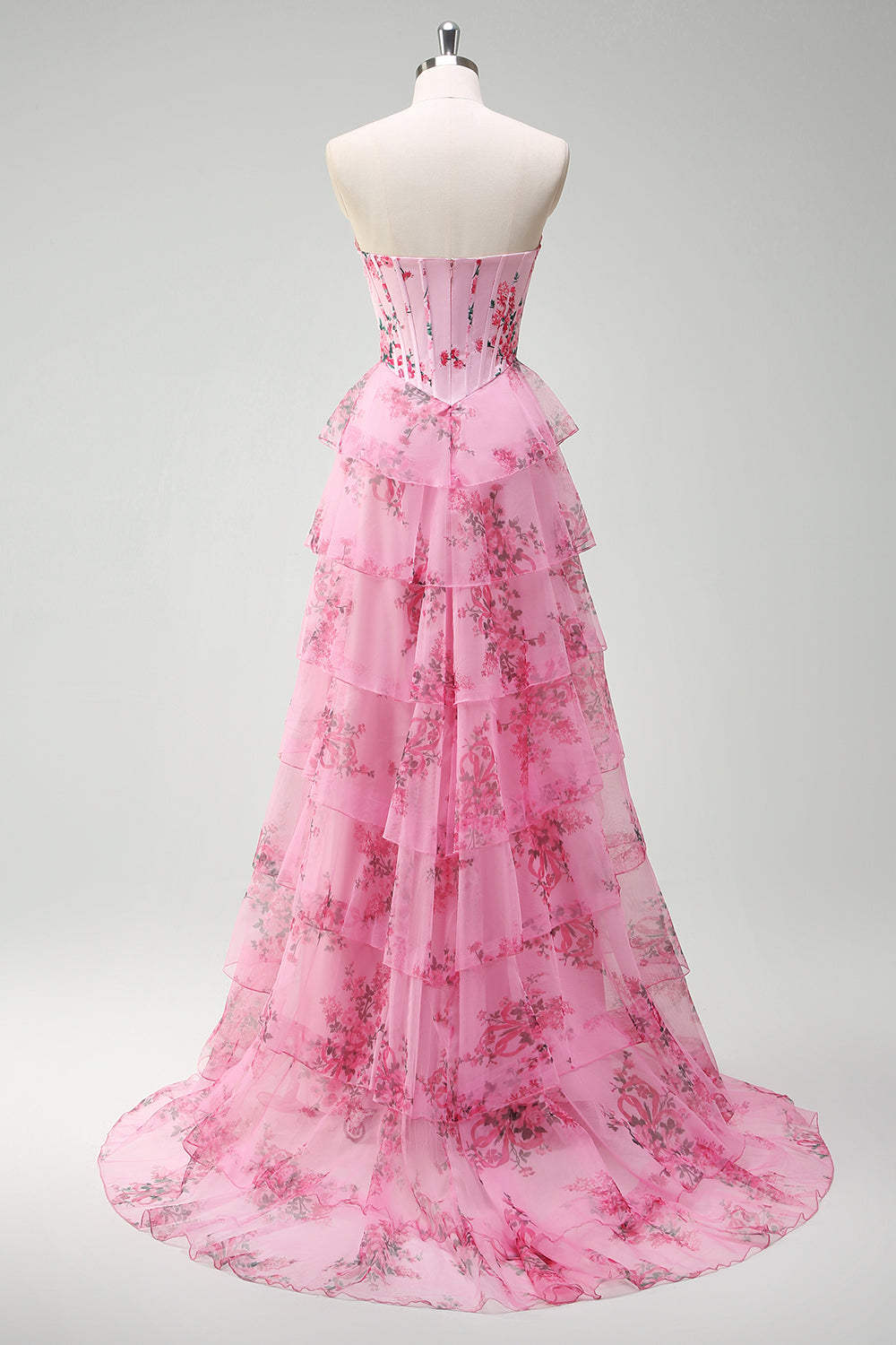 Blumen A Linie Trägerloses Korsett Gestuftes Blush Ballkleid mit Schlitz