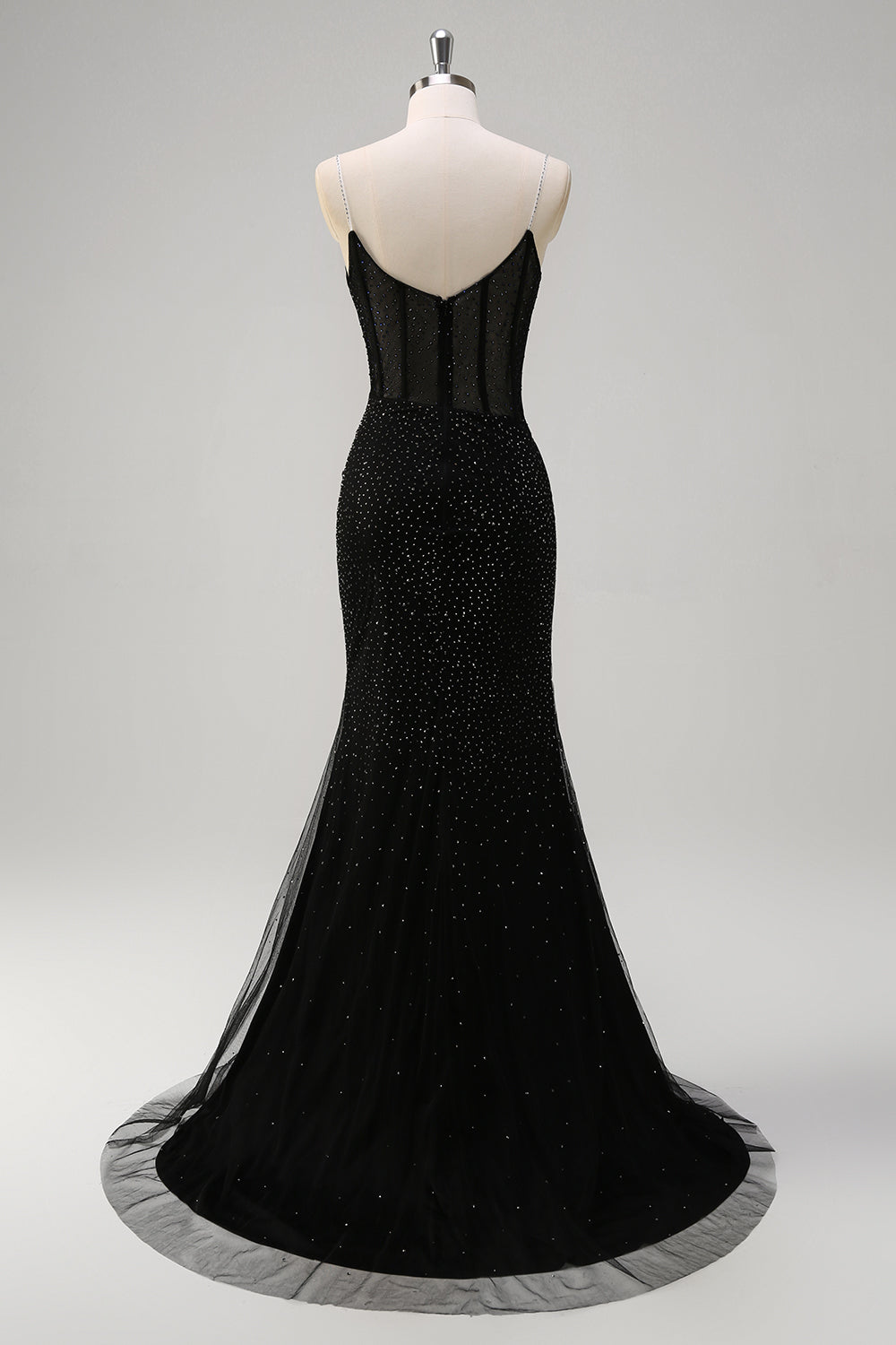 Glitzerndes schwarzes Meerjungfrauen Spaghettiträger Korsett perlenbesetztes langes Ballkleid mit Schlitz