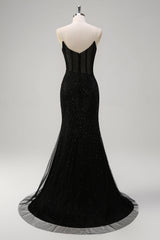 Glitzerndes schwarzes Meerjungfrauen Spaghettiträger Korsett perlenbesetztes langes Ballkleid mit Schlitz