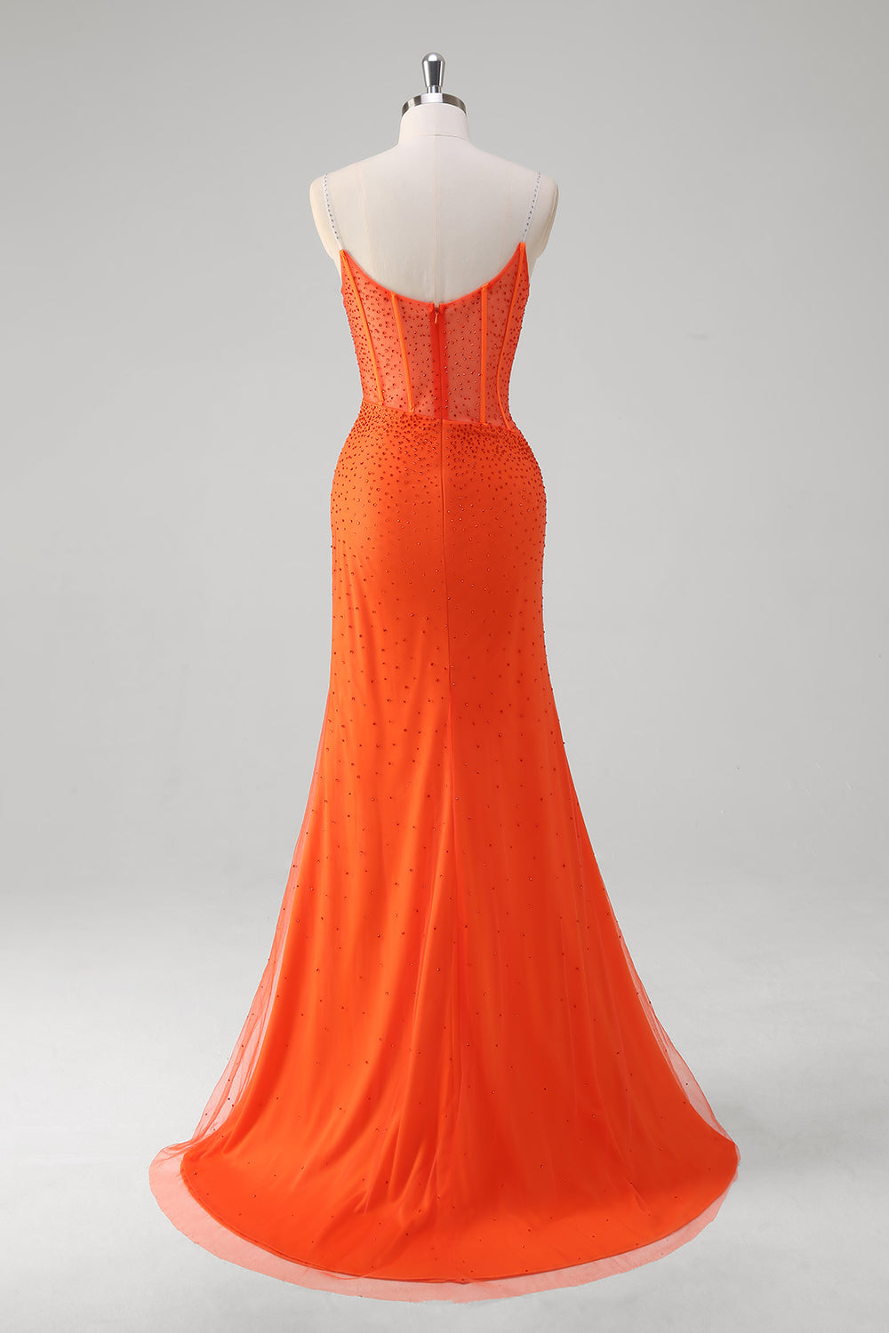 Orange Spaghettiträger Perlenbesetztes Korsett Meerjungfrau Ballkleid