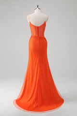 Orange Spaghettiträger Perlenbesetztes Korsett Meerjungfrau Ballkleid