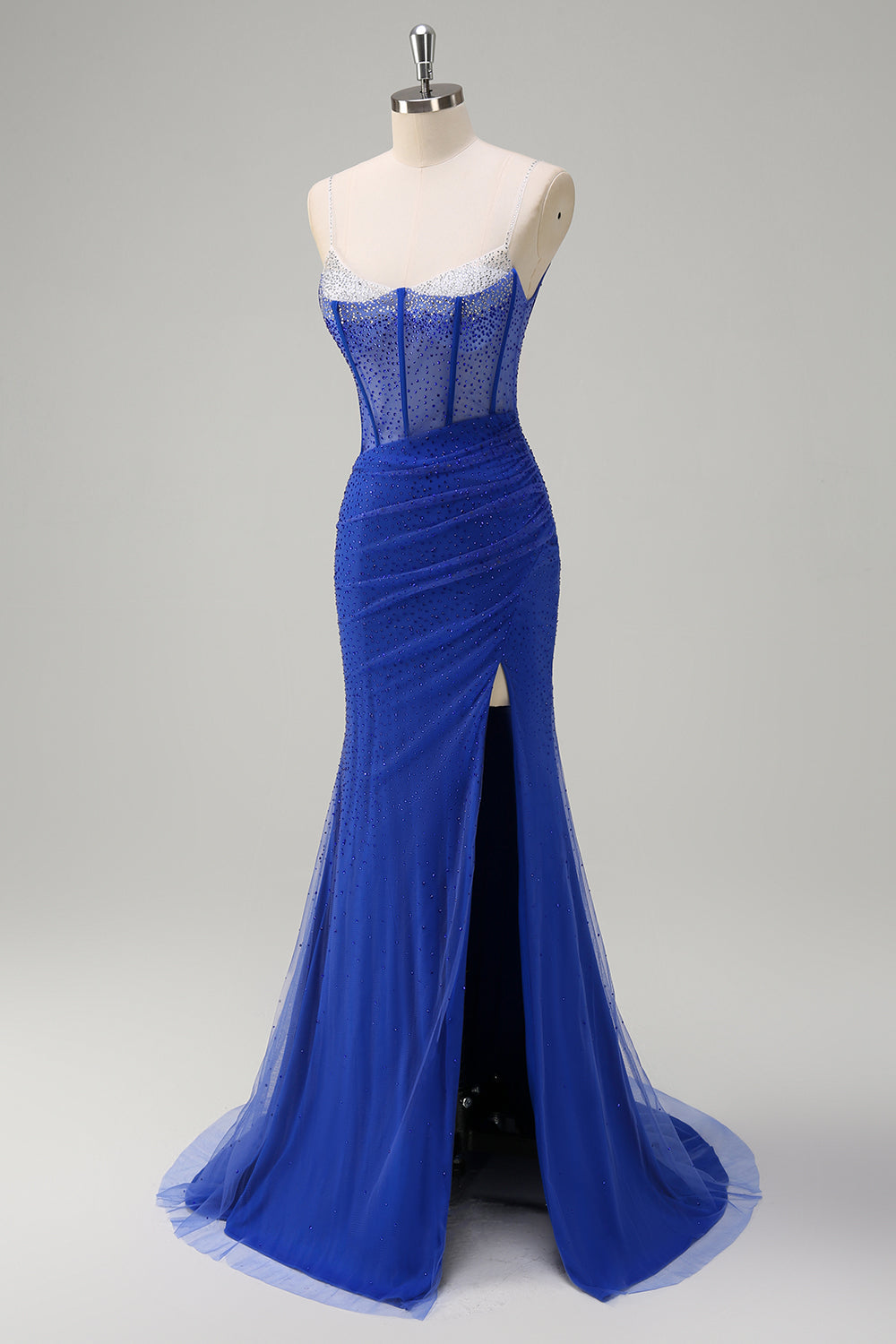 Glitzerndes schwarzes Meerjungfrauen Spaghettiträger Korsett perlenbesetztes langes Ballkleid mit Schlitz