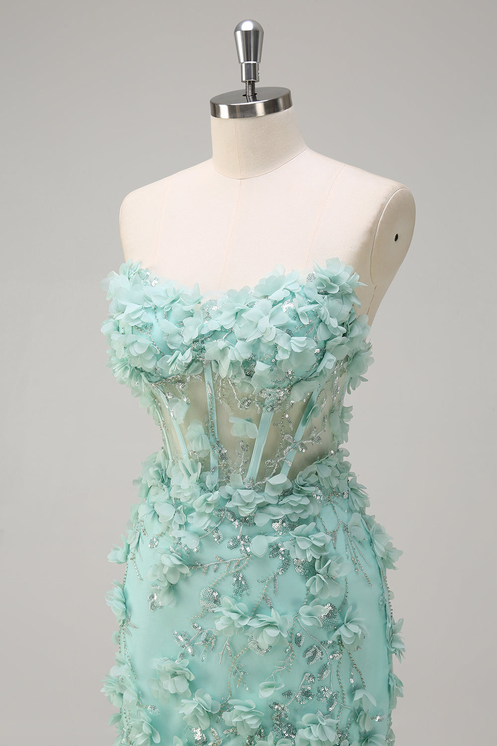 Grünes Meerjungfrau trägerloses durchsichtiges Abendkleid mit Rüschen und 3D-Blumen