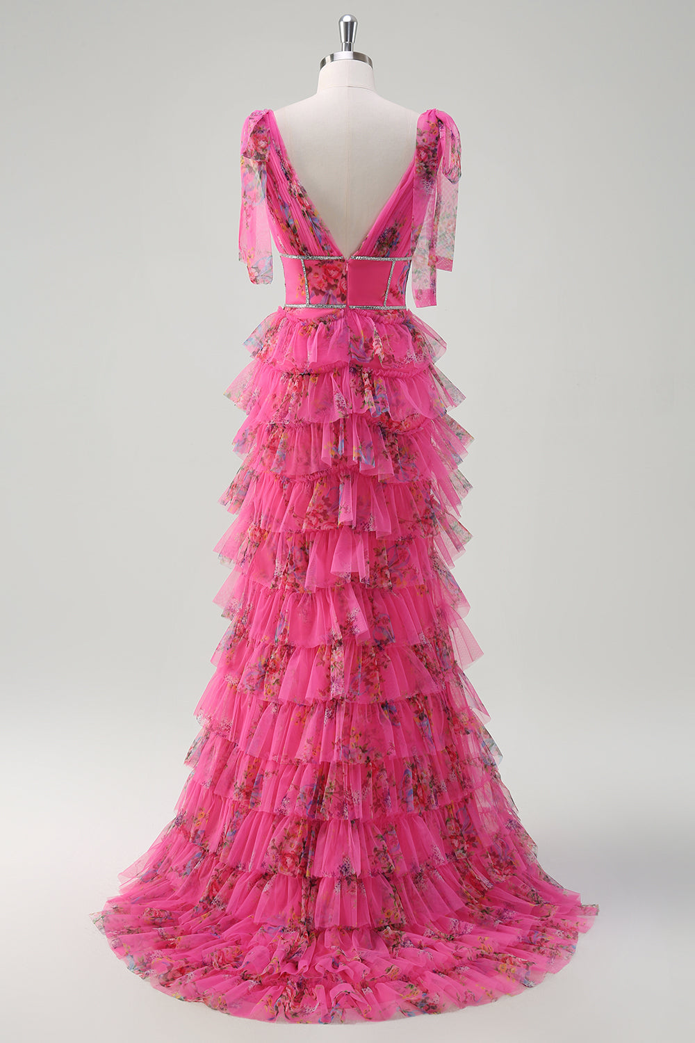 Fuchsia V-Ausschnitt Ballkleid mit Rüschen und Schlitz