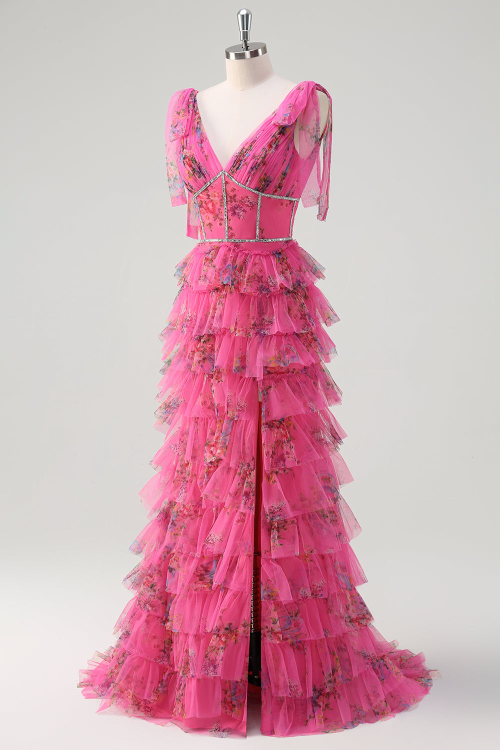 Fuchsia V-Ausschnitt Ballkleid mit Rüschen und Schlitz