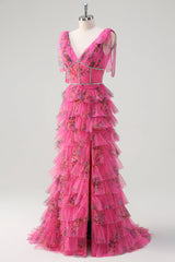 Fuchsia V-Ausschnitt Ballkleid mit Rüschen und Schlitz