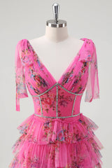 Fuchsia V-Ausschnitt Ballkleid mit Rüschen und Schlitz