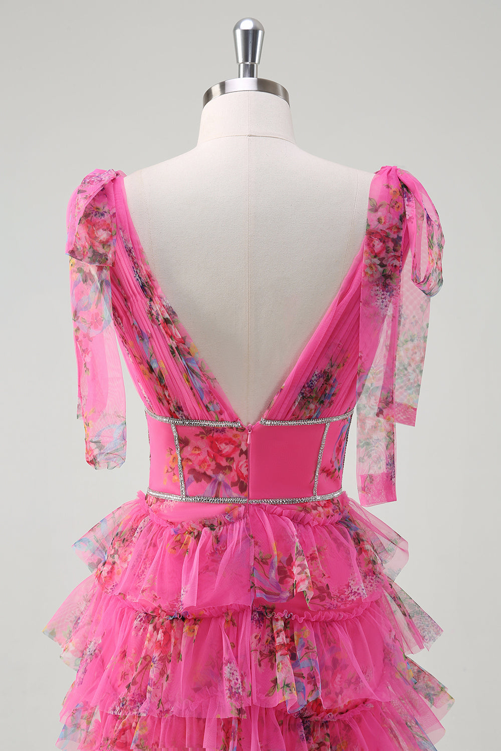 Fuchsia V-Ausschnitt Ballkleid mit Rüschen und Schlitz