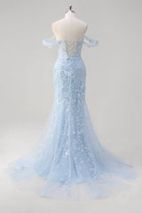 Blaues Meerjungfrau Schulterfreies Pailletten Korsett Ballkleid mit Blumenmuster