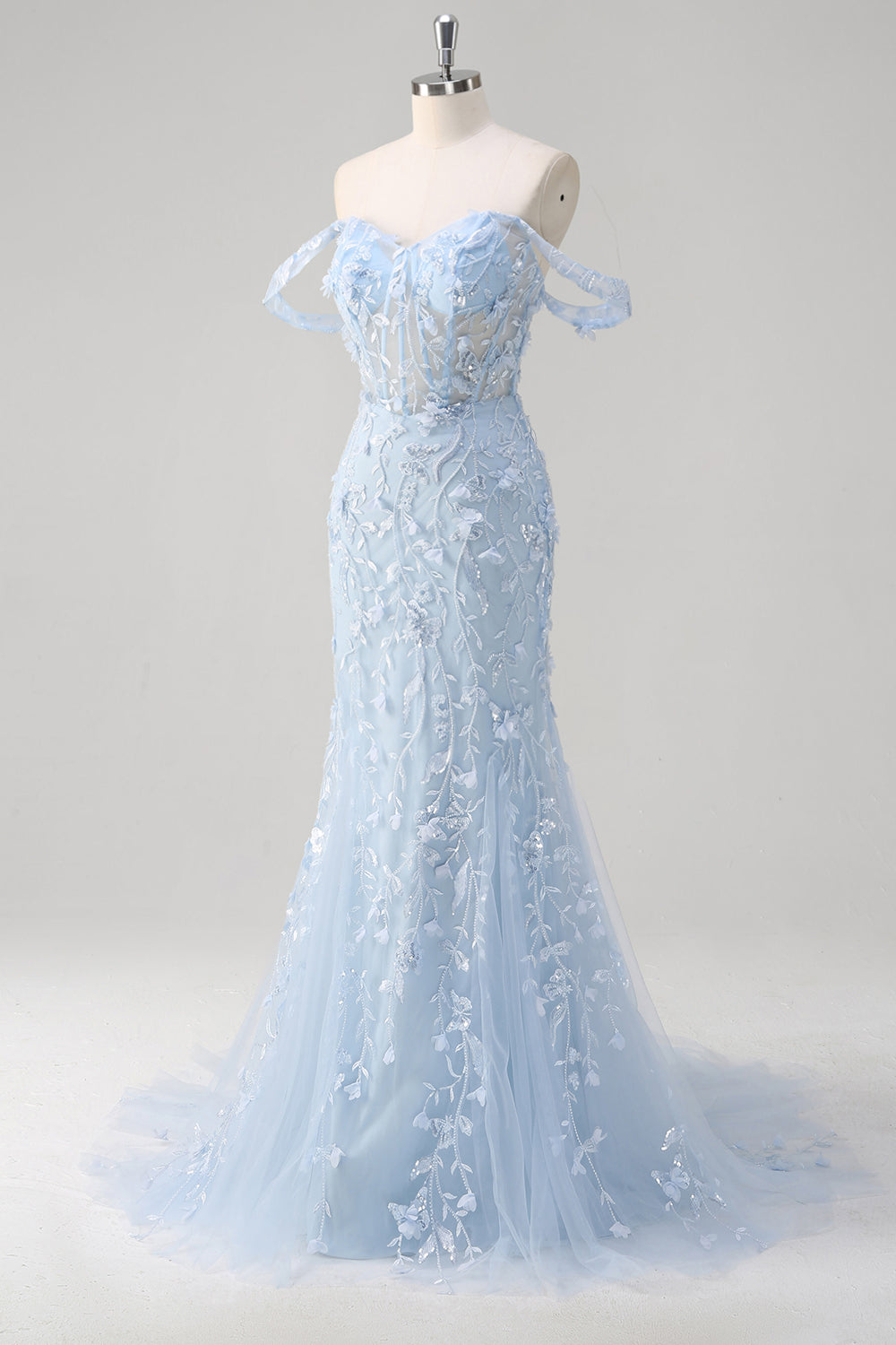 Blaues Meerjungfrau Schulterfreies Pailletten Korsett Ballkleid mit Blumenmuster