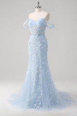 Blaues Meerjungfrau Schulterfreies Pailletten Korsett Ballkleid mit Blumenmuster