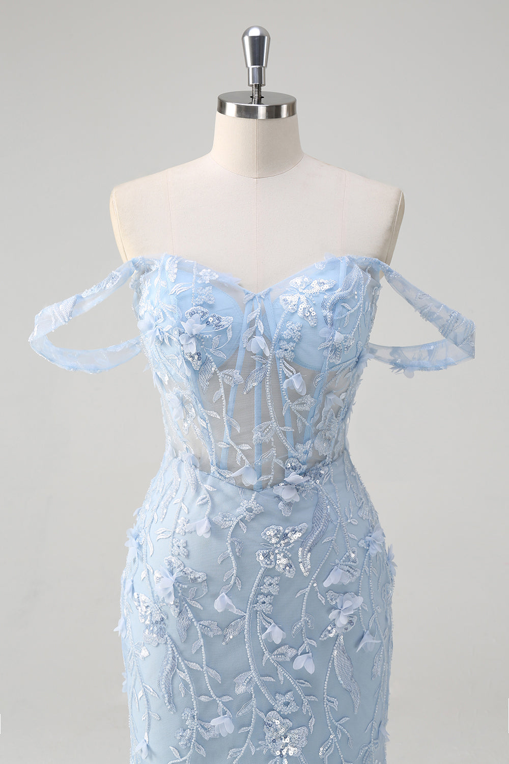 Blaues Meerjungfrau Schulterfreies Pailletten Korsett Ballkleid mit Blumenmuster